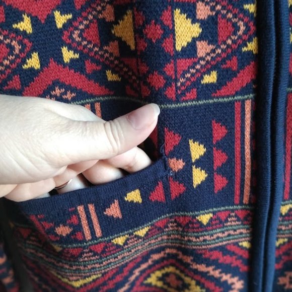 L Alia Vintage knit Aztec geometric print zipper cardigan navy blue - Picture 4 of 9